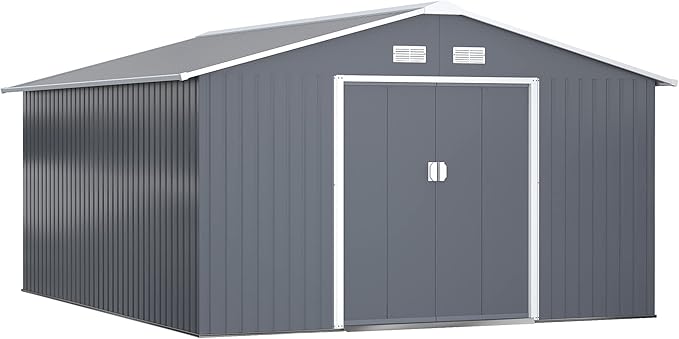 Outsunny 11' x 13' Outdoor Storage Shed, Garden Tool Metal Shed with Foundation Kit, Double Lockable Door, Air Vents and Sloping Roof, for Backyard, Patio, Lawn, Dark Gray-VerdiqueGarden