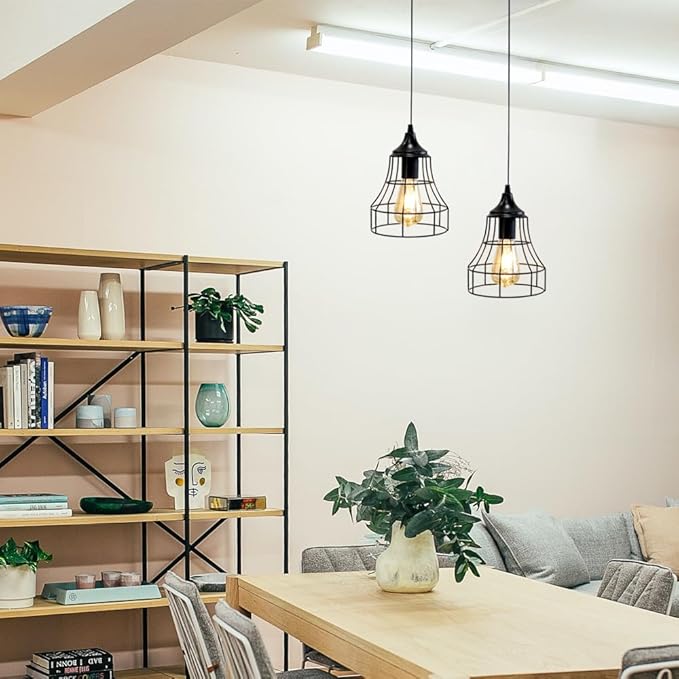 JHY DESIGN Hanging Lamp Black Battery Powered Decorative Pendant Lamp Metal Cage Battery Lamp with 6 Hours Timer for Bar Bedroom Garden Parties Patio Indoor Outdoor Living Room(Geometry)-VerdiqueGarden