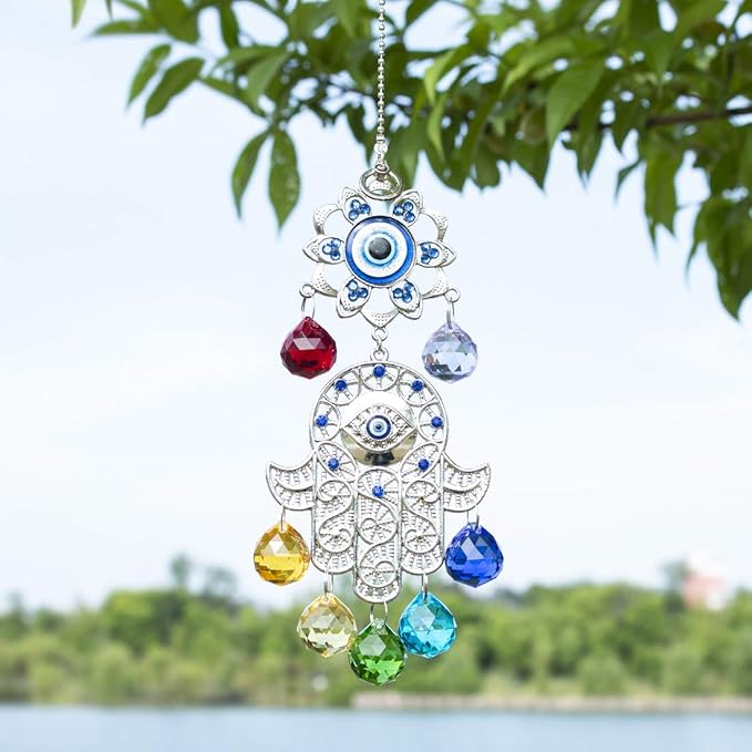 Hamsa Hand with Blue Evil Eye Protection Hanging Crystal Ornament with Chakra Energy Crystal Balls-VerdiqueGarden