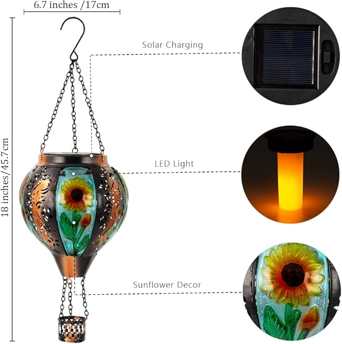 Starsoul Sunflowers Hot Air Balloon Solar Lantern Metal & Glass Solar Hot Air Balloon Hanging Garden Light Waterproof Outdoor Lantern for Patio Yard Party Decorations-VerdiqueGarden
