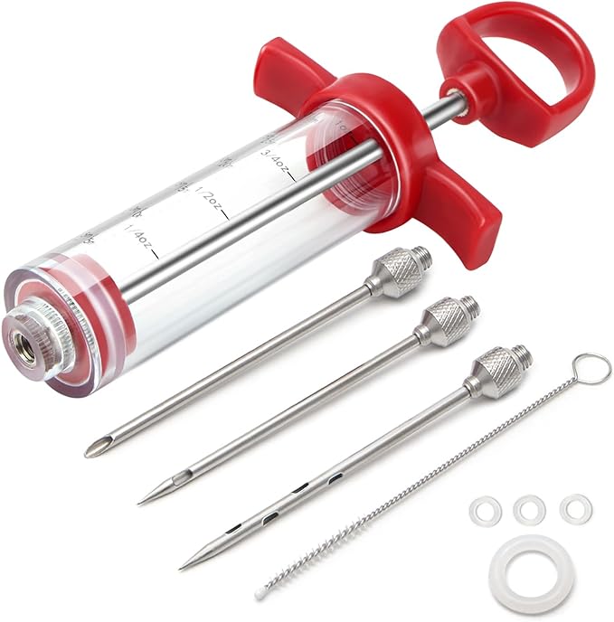 TGE-V 1-oz Plastic BBQ Marinade Injector Kit, Turkey Injector Syringe (3 Stainless Steel Meat Needles + 3 Replacement O Rings + 1 Cleaning Brush) for Smoked BBQ Grill-VerdiqueGarden