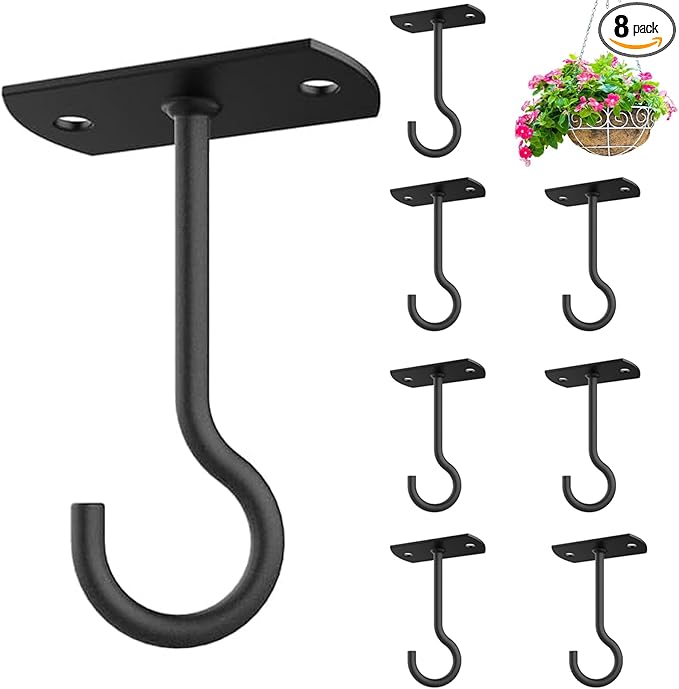 Ceiling Hooks for Hanging Plants 8Pack 4in,Wall Hooks for Plants,Lights,Planters,Lanterns,Hanging Bird Feeders,Wind Chimes,Indoor&Outdoor Decoration Hooks Black-VerdiqueGarden