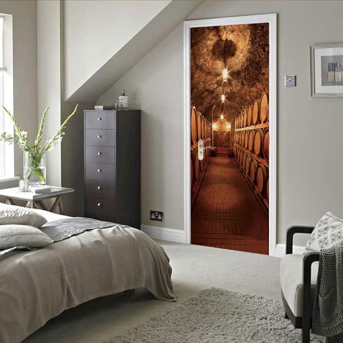 3D Door Stickers Murals - Peel and Stick Wine Cellar Theme - Removable PVC Waterproof Door Poster for Bedroom & Living Room - 37.4" x 78.7"-VerdiqueGarden