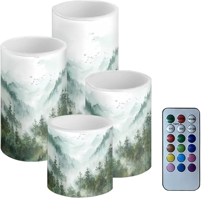 LED Flameless Candles Set Battery Operated Candles Pack of 4 with Remote Control Timer Dancing Flame Pillar Candles for Indoor Home Desktop Decoration, Mountain Tree Green-VerdiqueGarden