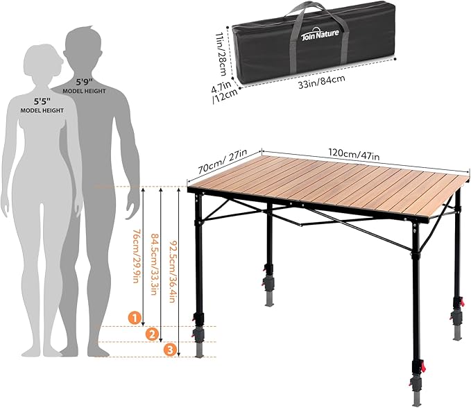 Portable Outdoor Adjustable Height Camping Table, Large for 2-6 Person, Foldable Roll-up Aluminum Camp Table with Carry Bag for Picnic, Camp, Sturdy, Stable, Loads 220 Lbs-VerdiqueGarden