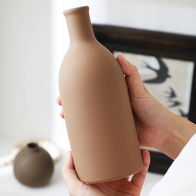 Ceramic Vase Set of 3, Vases Home Decor Rustic Farmhouse Decorative Vase Pottery Vases for Bouquet Pampas Grass Dried Fresh Flowers, Table Living Room Kitchen Bedroom Bathroom - Brown-VerdiqueGarden