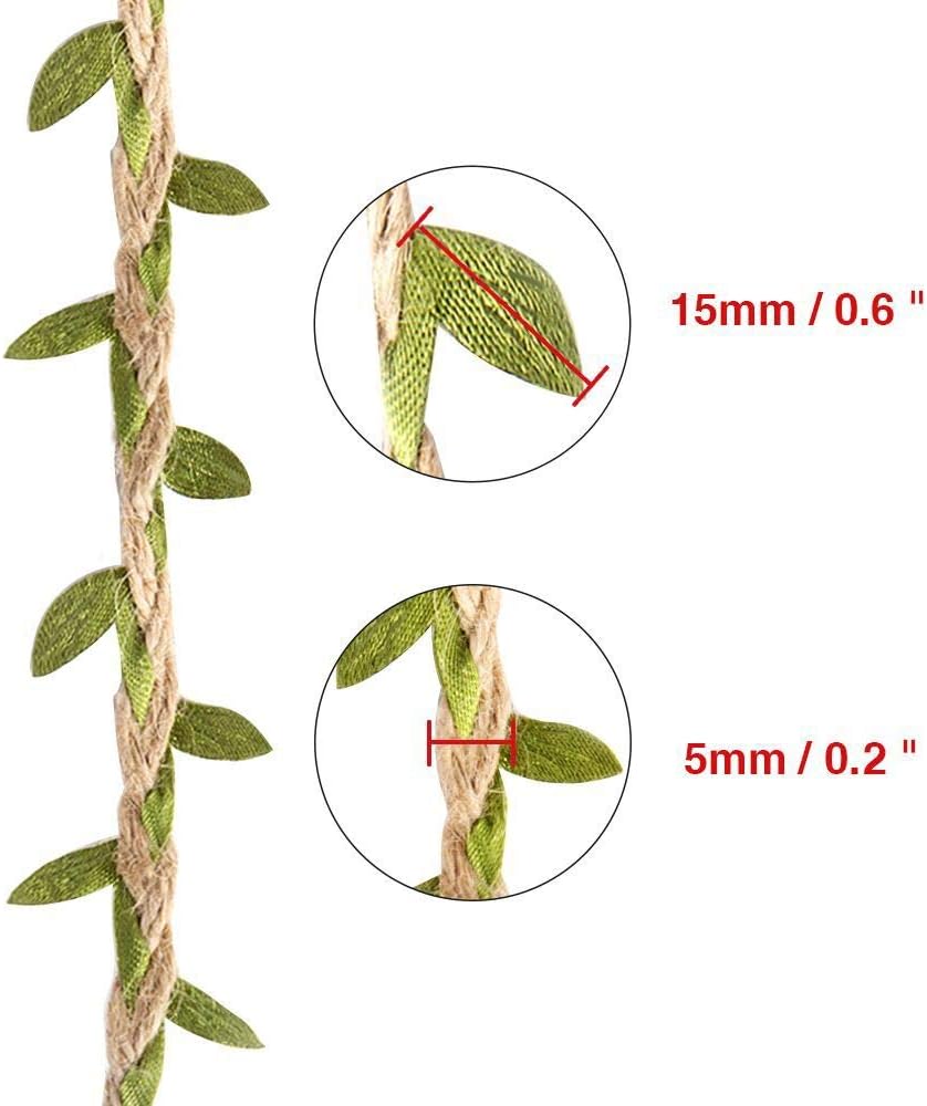 Burlap Leaf Ribbon 2 Rolls 66 Feet Total 5mm Natural Jute Twine with Artificial Green Leaves Braided Decorated Vine for Jungle Safari Party Wedding Garden Home Decor-VerdiqueGarden