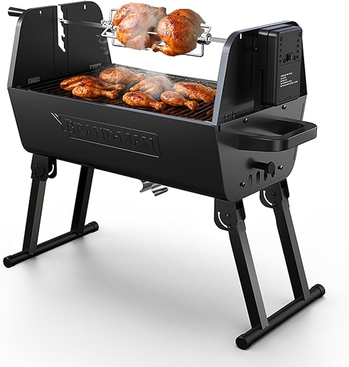 Brand‑Man 2‑in‑1 Charcoal BBQ Grill with Motorized Rotisserie – Portable, Foldable Grill, 257 sq in Outdoor BBQ Grill for Camping & Tailgate, Adjustable Height, Dual Vents-VerdiqueGarden