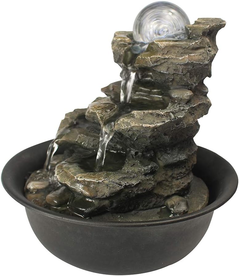 8.3" High 4-Tier Cascading Rock Falls Tabletop Water Fountain with LED Light & Spinning Ball - Indoor Small Waterfall Feature for Office, Home and Bedroom Desktop Decor Dark Grey-VerdiqueGarden