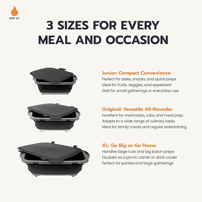 Drip EZ Collapsible BBQ Prep Tubs 3-Piece Set- For Meal Prep Marinating Food Storage - Includes Cutting Board & Lid - (1) JR - Orange + (1) OG - Orange + (1) XL - Black-VerdiqueGarden