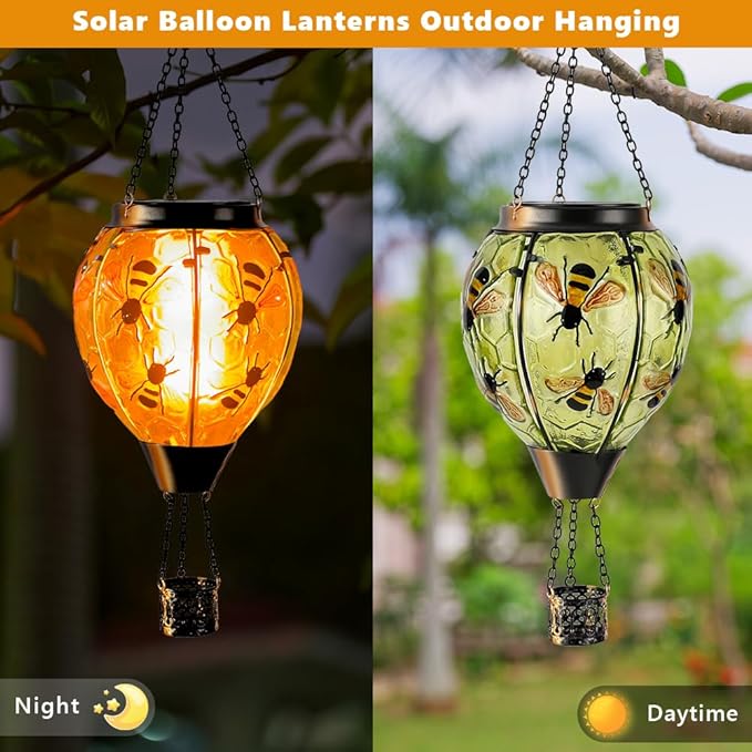 Starsoul Hot Air Balloon Solar Lantern Bee Glass Hanging Outdoor Hot Air Balloon Solar Flickering Flame Light Waterproof Garden Patio Yard Party Decorations-VerdiqueGarden
