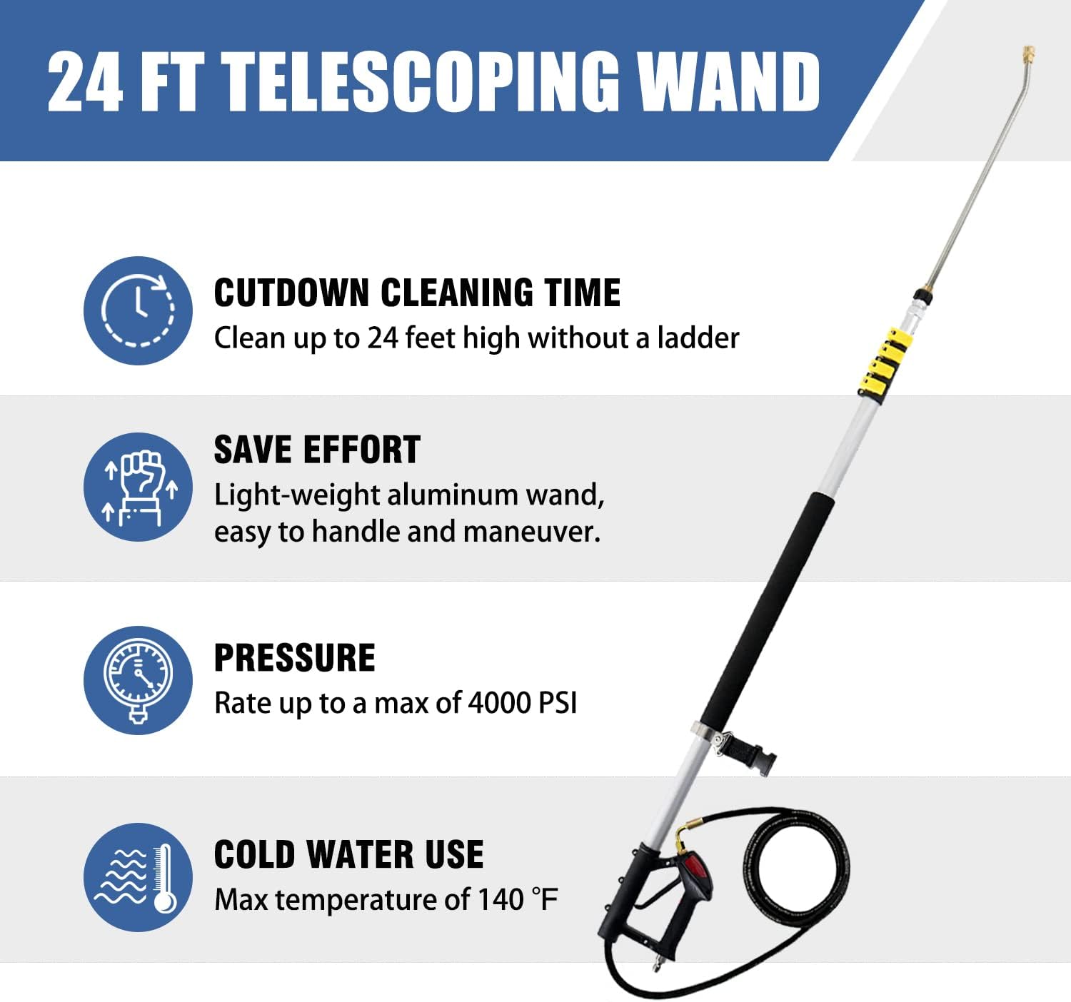 JANZ 24 FT Pressure Washer Telescoping Wand with Power Washer Extension Wands, Brush Head, Gutter Cleaner, 7 Spray Nozzle Tips, 2 Hose Adapters and Support Belt TW-004-VerdiqueGarden