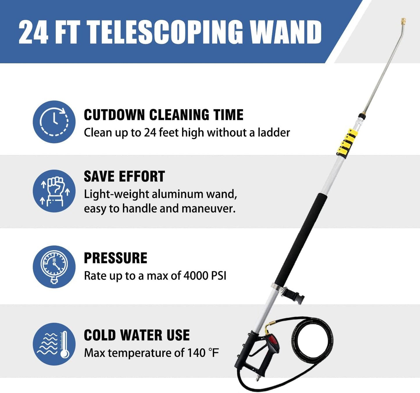 janz Aluminum 24 FT Telescoping Pressure Washer Wand with Pressure Washer Extension Wand,Gutter Cleaner Attachment, 5 Spray Nozzle Tips, 2 Hose Inlet Adapters and Support Harness-VerdiqueGarden