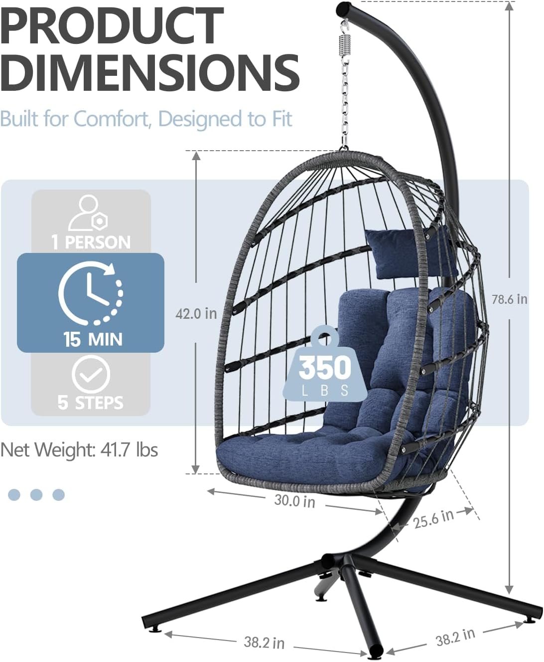 SWITTE Egg Chair Outdoor with Stand, Indoor Wicker Hanging Egg Swing Chair with Cushion, 350lbs Capacity for Patio, Bedroom, Garden - Dark Blue-VerdiqueGarden