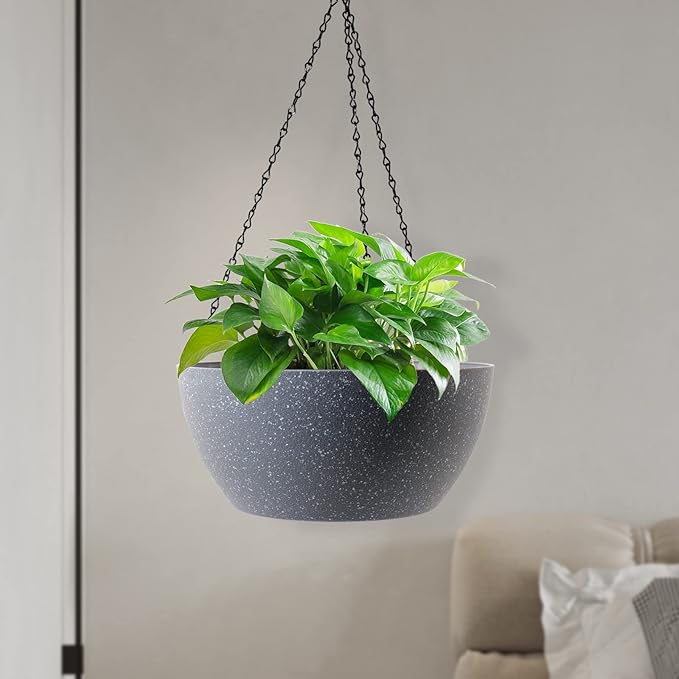 10 inch Hanging Planters for Outdoor Indoor Plants with Drainage Holes and Chain, 2 Pack Round Hanging Flower Plant Pots for Garden Home Porch Decor, Speckled Grey-VerdiqueGarden