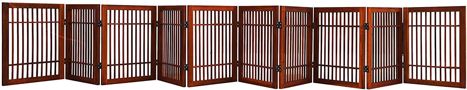 Urnporium Pet Dog Gate Strong and Durable Freestanding Folding Acacia Hardwood Portable Wooden Fence Indoors or Outdoors Foldable pet Barrier for The House (Brown Pet Gate, 10 Panel 24" Tall)-VerdiqueGarden