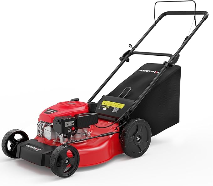 PowerSmart 21-inch Gas Push Lawn Mower, 144cc 4-Stroke Engine with Easy Adjustable Cutting Height, High Wheels, 2-in-1 with Mulch, Bag-VerdiqueGarden