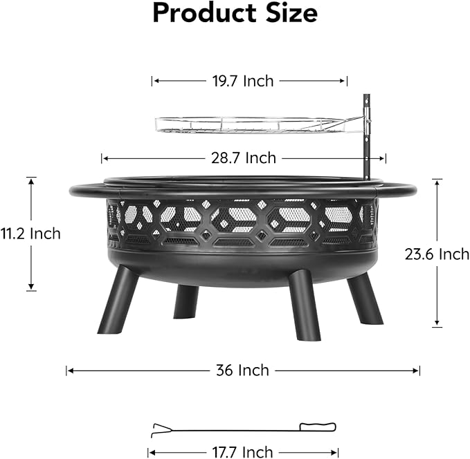 36 Inch Fire Pit, Outdoor Wood Burning Firepit with Removable Grill & Poker, Heavy Duty Metal Round Fireplace,2 in 1 Large Bonfire for Outside,BBQ,Yard,Patio-VerdiqueGarden
