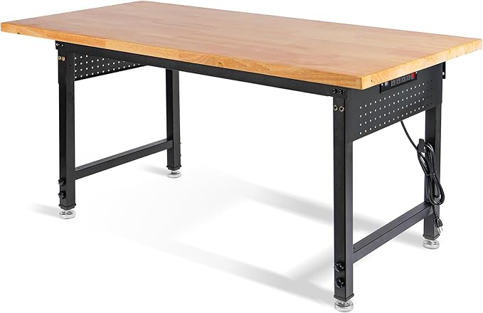 Height Adjustable Workbench 60”×22” Heavy Duty Work Table 2000 LBS Load Capacity Rubber Wood Work Station with Power Outlet & Pegboard for Garage, Office, Workshop, Home, Party Shop-VerdiqueGarden