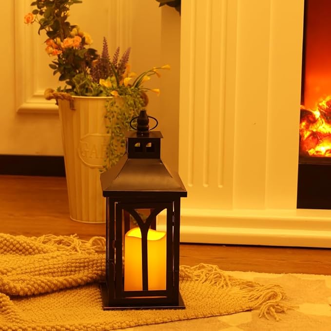 DECORKEY Decorations for Home, Decorative Led Candle Lantern Indoor Outdoor Decor, Metal Hanging Candle Holder with Xmas Teardrop Wreath and LED Candle for Table Centerpieces, Patio (Black)-VerdiqueGarden