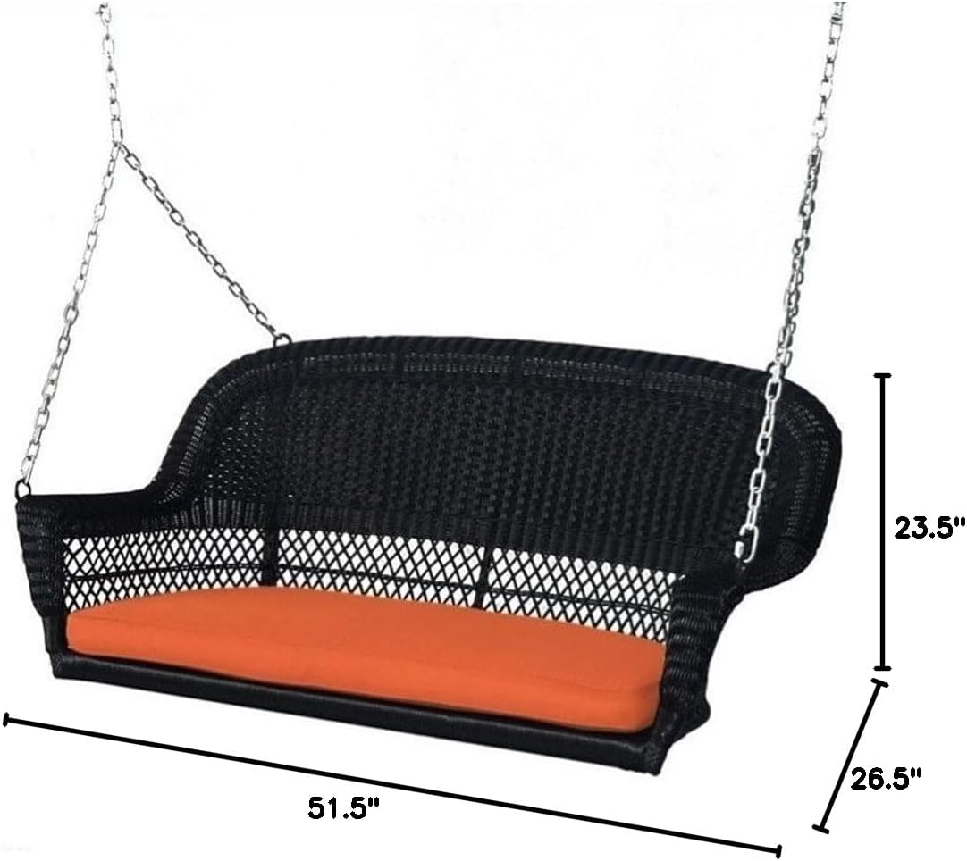 Pemberly Row Wicker Porch Swing in Black with Orange Cushion-VerdiqueGarden