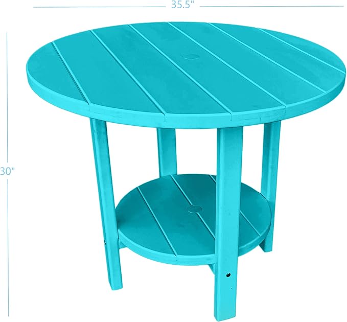 Phat Tommy Round Poly Resin Outdoor Patio Dining Table, All Weather Poly Patio Outdoor Furniture, Teal-VerdiqueGarden