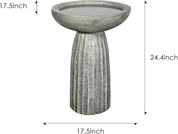 SunJet Modern Bird Bath, 24.4inches Height Fibre-Reinforced Concrete Birdbath with Textured Pedestal for Outdoor Garden, Yard, Lawn Decor-VerdiqueGarden