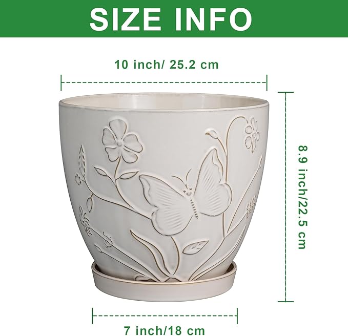 10 Inch Plant Pot Ceramic Planter Pot with Drainage Hole and Saucer Round Planter Large Flower Pot for Indoor Outdoor Plants Home Garden Decor White-VerdiqueGarden