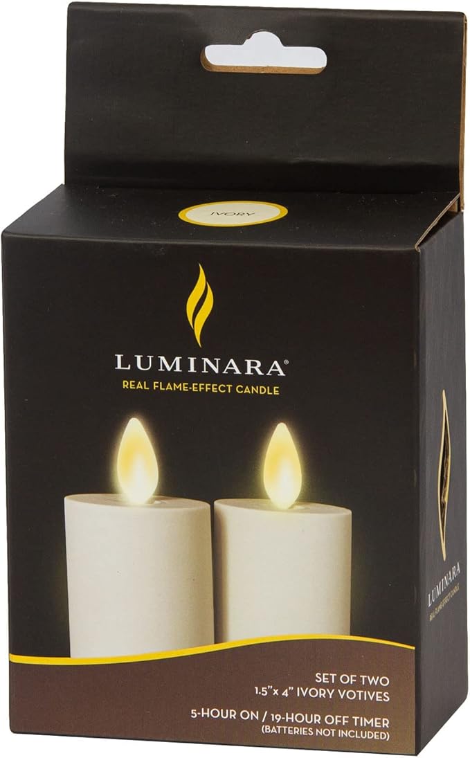 Luminara Outdoor Votive Flameless LED Candle, Set of 2 Ivory 1.5" x 4", Moving Flame Battery Operated Timer Remote Ready IPX4 Matte Plastic Finish-VerdiqueGarden