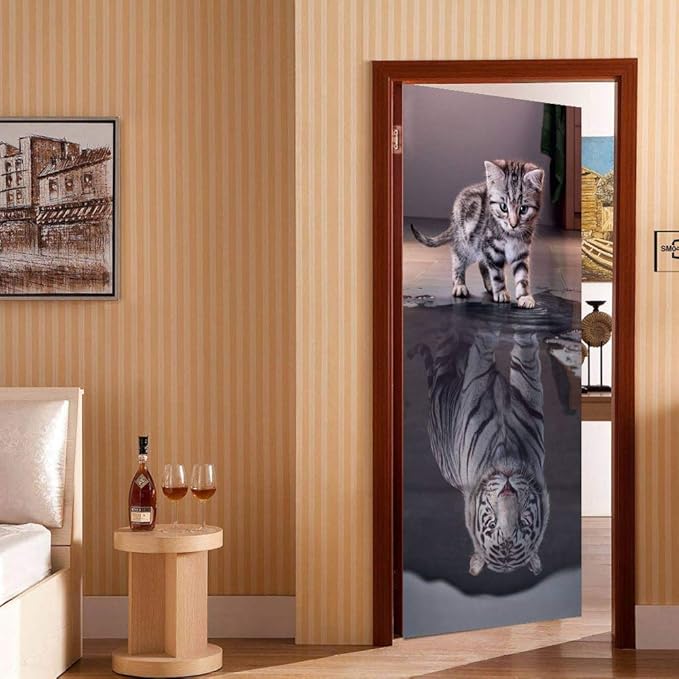 3D Peel and Stick Wall Murals - Cat Becomes Tiger - Self-Adhesive Removable PVC Waterproof Door Poster for Bedroom & Living Room - 34.6" x 78.7"-VerdiqueGarden