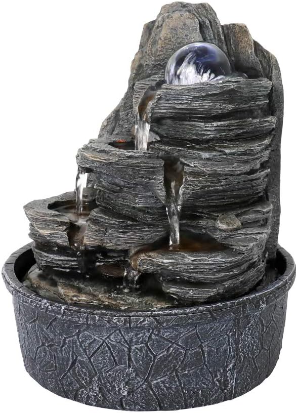 Rockery Indoor Water Fountain, Zen Meditation Tabletop Fountain with LED Lights & Crystal Ball for Home Office Bedroom 9 4/5"-VerdiqueGarden