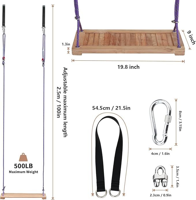 Teak Wooden Swing, Outdoor Wood Tree Swing Seat for Kids or Adults for Backyard Columpio, Height Adjustable (19.8x9inch)-VerdiqueGarden