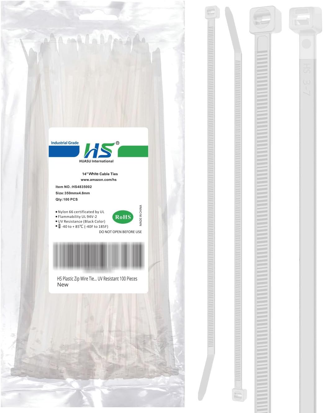 HS 14 Inch Zip Ties White 50 Pounds Tensile Strength Wide Straps (100 Pack) Nylon PA66,Self-Locking Long Electrical Plastic Cable Wire Zipties for Outdoor Use,Multi Purpose-VerdiqueGarden