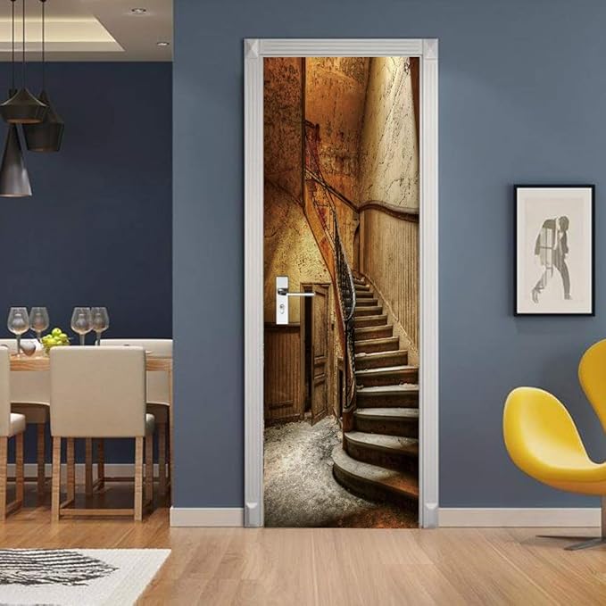 3D Door Wallpaper Self-Adhesive Door Sticker - Old Stairs - Door Film Poster Premium PVC Waterproof Wall Sticker for Bedroom Living Room Door Decoration Wallpaper 95 x 200 cm-VerdiqueGarden