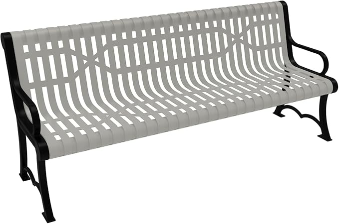 Heavy-Duty Outdoor Bench Thermoplastic Coated, Slated Steel, Commercial-Grade Garden Bench, Made in America (Portable with Back, 6 Ft, Textured Grey)-VerdiqueGarden