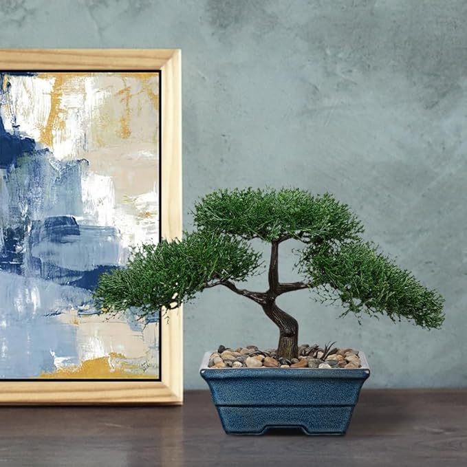Artificial Bonsai Tree Juniper Faux Plants Indoor Fake Plants Decor with Blue Ceramic Pots for Home Table Office Desk Bathroom Shelf Bedroom Living Room Farmhouse Decorations-Pine-VerdiqueGarden