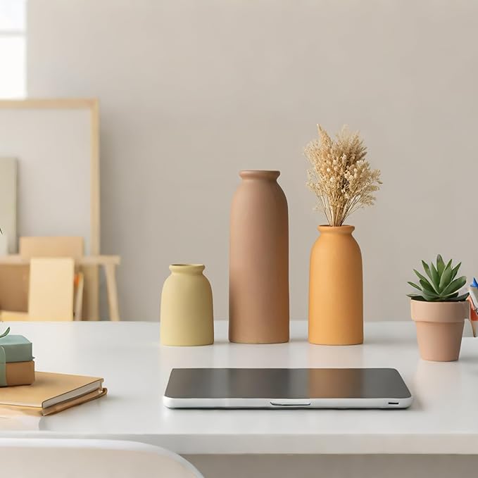 Ceramic Vase Set-3, Small Flower Vases for Decor, Modern Boho Farmhouse Style, Decorative Vases for Pampas Grass & Dried Flowers, Distressed Finish (Brown Mix)-VerdiqueGarden