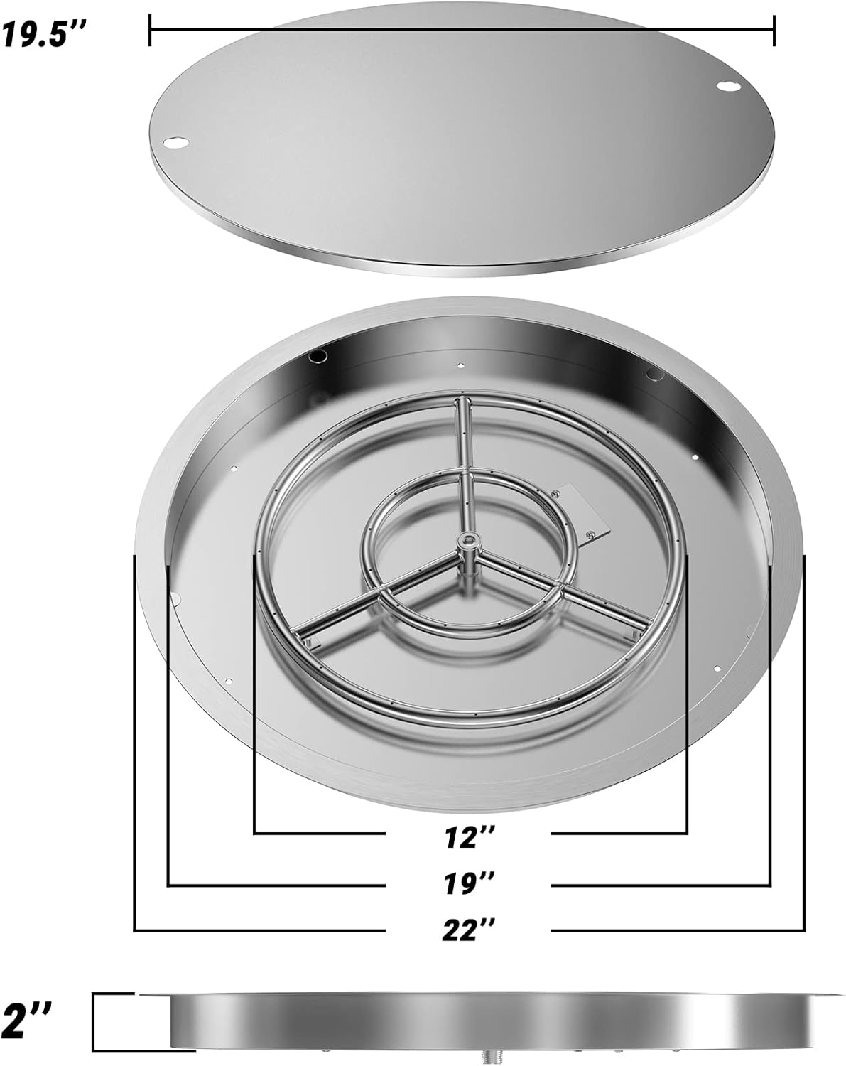 Skyflame 19 Inch Round Stainless Steel Drop in Fire Pit Pan Fire Bowl with Burner Ring and Protective Cover-VerdiqueGarden