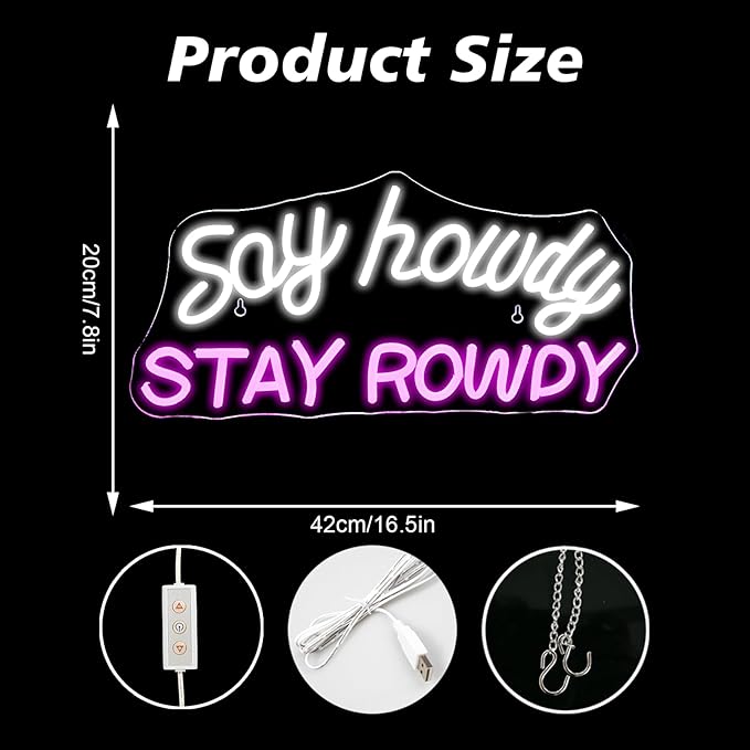 Say Howdy Stay Rowdy Neon Sign Wall Decor, Dimmable Neon Light For Man Cave Pub Beer Bar Bedroom Recreation Room Gift-VerdiqueGarden
