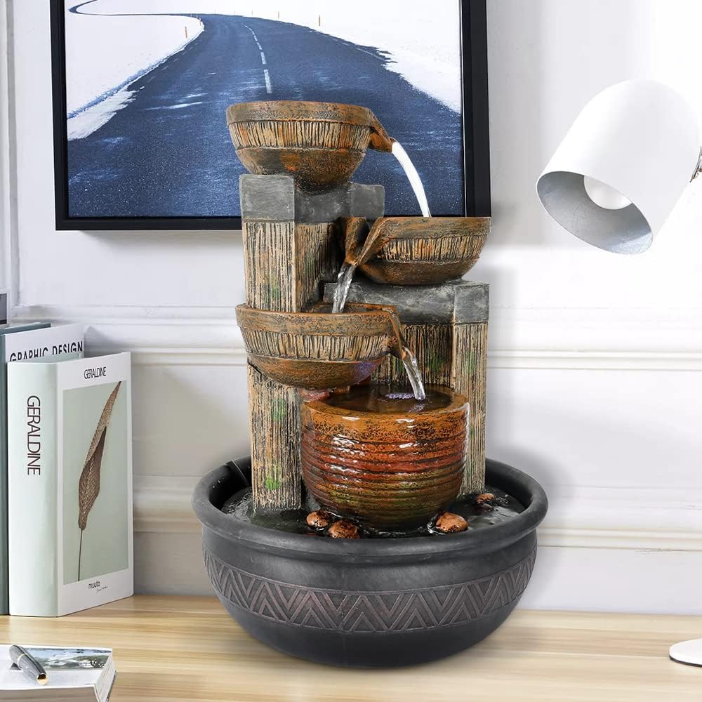 15.7''H 4-Tier Relaxation Indoor Tabletop Waterfall Fountain with LED Lights Desktop Fountains Calming Sound for Home Office Bedroom Decor (Brown, 15.7inch)-VerdiqueGarden