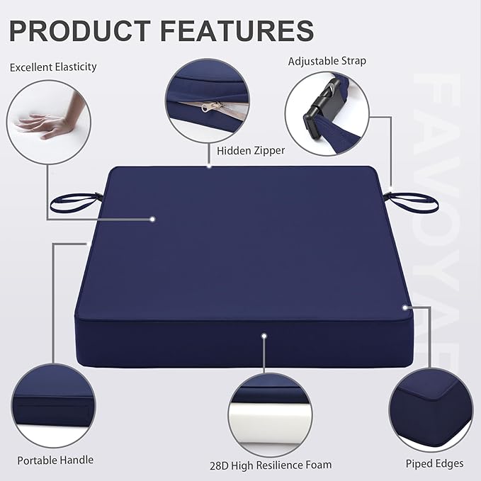 Favoyard Patio Chair Cushions 19 x 19 x 3 Inch Waterproof Outdoor Seat Cushions for Patio Furniture 3-Year Color Fastness Garden Sofa Couch Pads with Handle & Adjustable Straps Set of 2, Blue-VerdiqueGarden