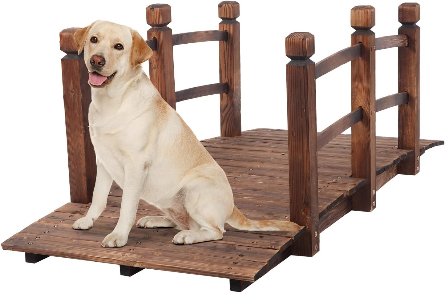 VINGLI 5 ft Garden Bridge, Classic Wooden Arch with Safety Rails Stained Finished Footbridge, Decorative Pond Landscaping, Backyard, Creek or Farm-VerdiqueGarden