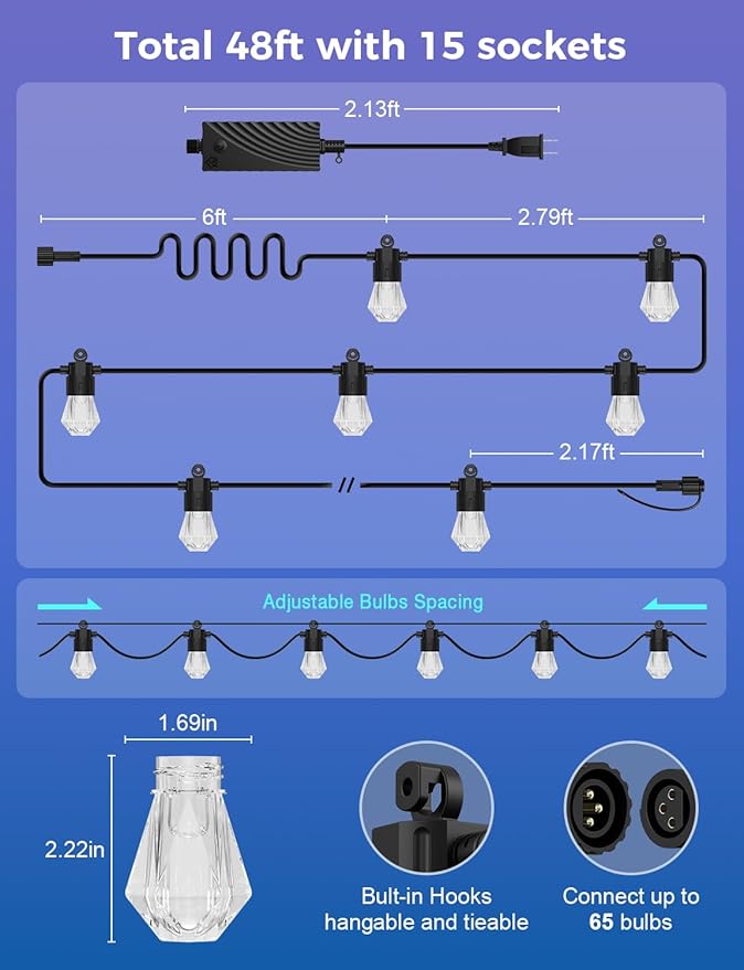 XMCOSY+ 48FT Smart Outdoor String Lights - RGBCWIC Dimmable Acrylic Bulbs, Color Changing LED Patio Lights APP WiFi Control, Compatible with Alexa, IP65 Waterproof Outside Lights for Yard Porch-VerdiqueGarden