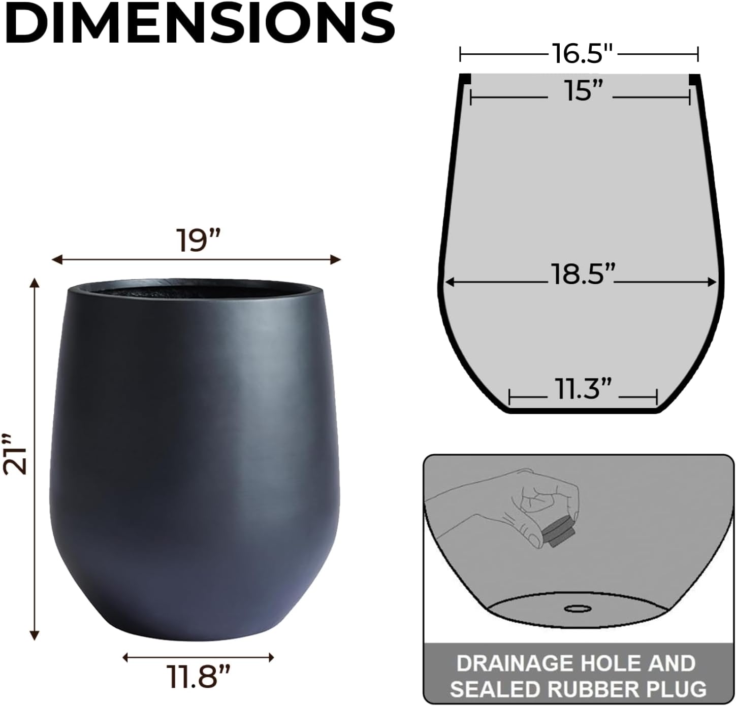 21" H x 19" D Corso Fiberstone Round Planter with Drainage Hole, Smooth Finishes, Weather Resistant for Indoor and Outdoor Use, Included 2 Extra Coco Mats (Black, 15" Pot Opening)-VerdiqueGarden