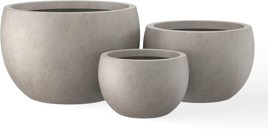 Kante 19.9",15.7",11.8" Dia Round Concrete Planter Set of 3, Outdoor/Indoor Large Bowl Plant Pots with Drainage Hole and Rubber Plug for Garden Patio Balcony Home, Weathered Concrete-VerdiqueGarden