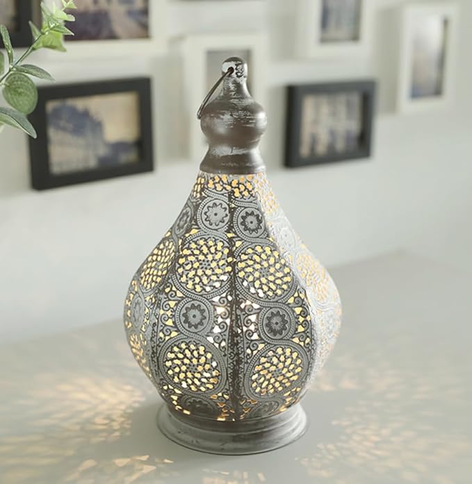 JHY DESIGN Moroccan Style Vintage Lantern Metal Table Lamp Battery Powered 11.5" Tall Cordless Lamp Desk Lamp with Edison Bulb for Living Room Bedroom Weddings Parties Garden Lounge Outdoor Indoor-VerdiqueGarden
