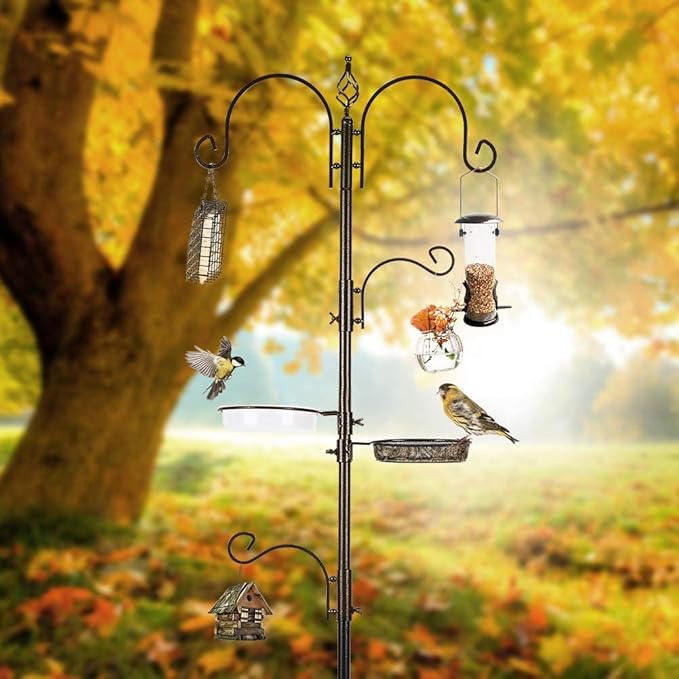 Deluxe Bird Feeding Station Kit With Multi Feeder Hanging Pole, Metal Suet Feeder, Bird Bath, Mesh Tray for Attracting Wild Birds and Planter Hanger (1 Pack)-VerdiqueGarden