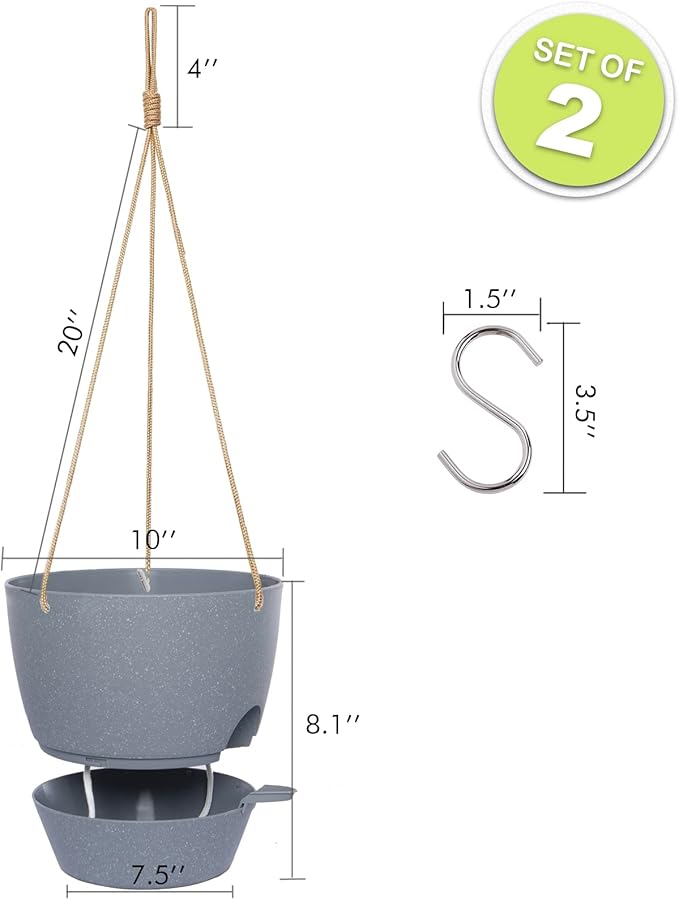 10 Inch Self Watering Hanging Pots, 2 Pack Hanging Planters with 40oZ Deep Reservior for Indoor Outdoor Plants Flowers, Grey-VerdiqueGarden