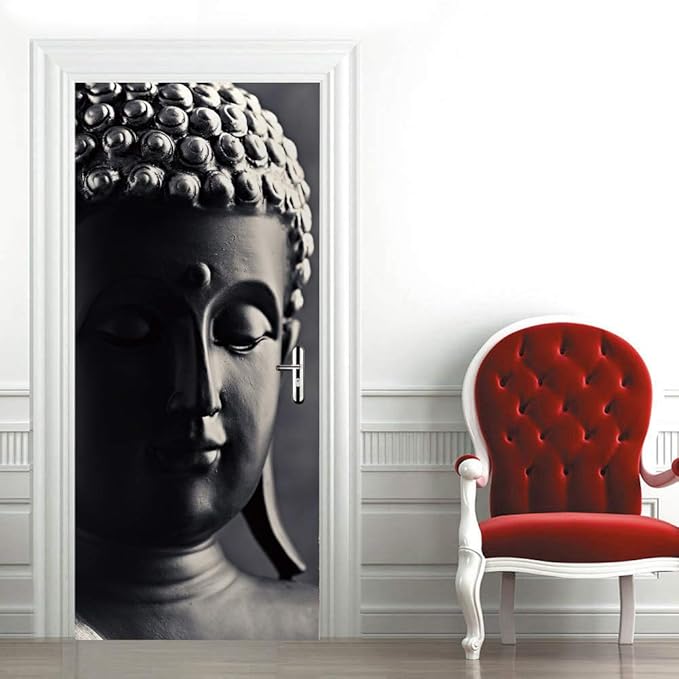 3D Door Stickers Murals - Buddha Statue - Peel and Stick - Waterproof & Washable - Black - Traditional Style - Rectangular - 34.6" x 78.7" - 2 Pieces-VerdiqueGarden