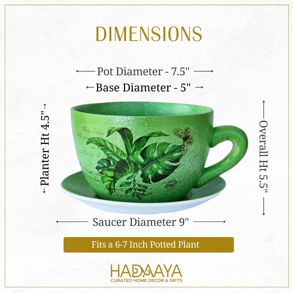7.5" Ceramic Teacup Planter Pot with Saucer | Ideal for Succulents, Orchids, Herbs & Flowers | Indoor & Outdoor Use | Thoughtful Gift for Birthday or Wedding & More - Green - Palm Leaves-VerdiqueGarden